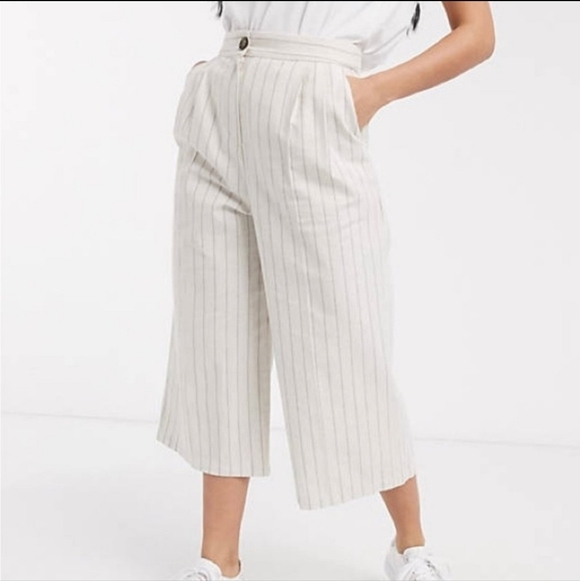 Asos Striped Cream Wide Leg Cropped Linen Blend Pants, Lightweight, EUC, Size 12 - Picture 2 of 13